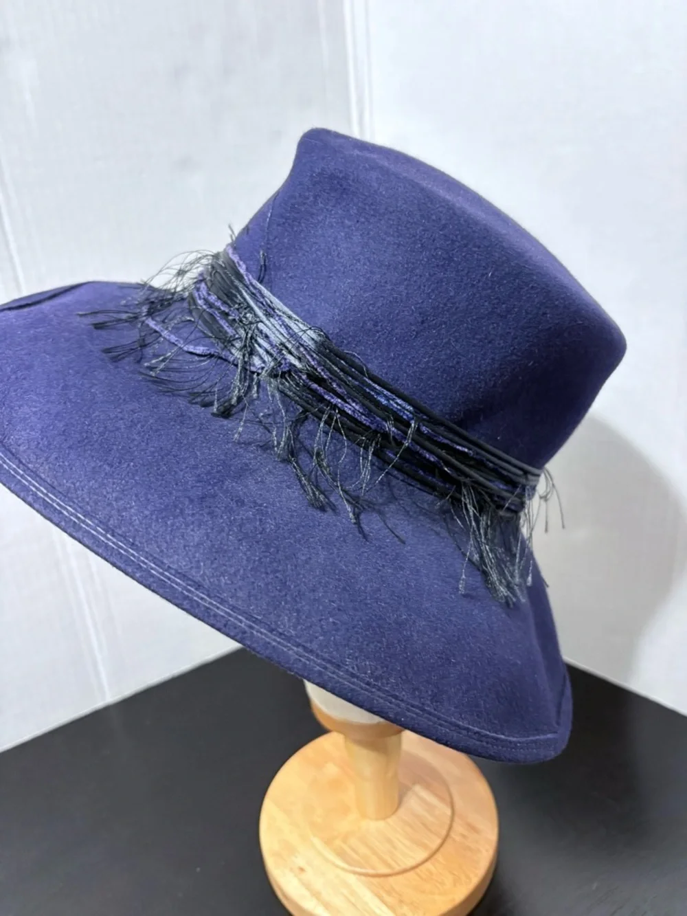 Patricia Underwood Navy Wide-Brim Wool Fedora Hat with Black Decorative Band